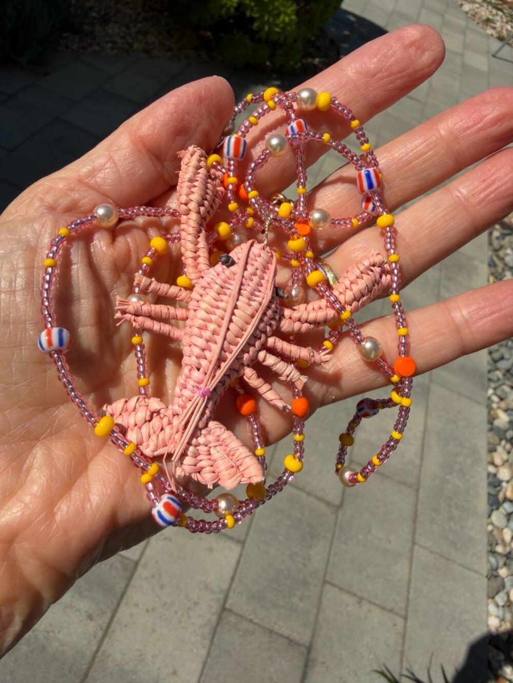 Adorable woven lobster pendant on colorful beaded necklace, 36"